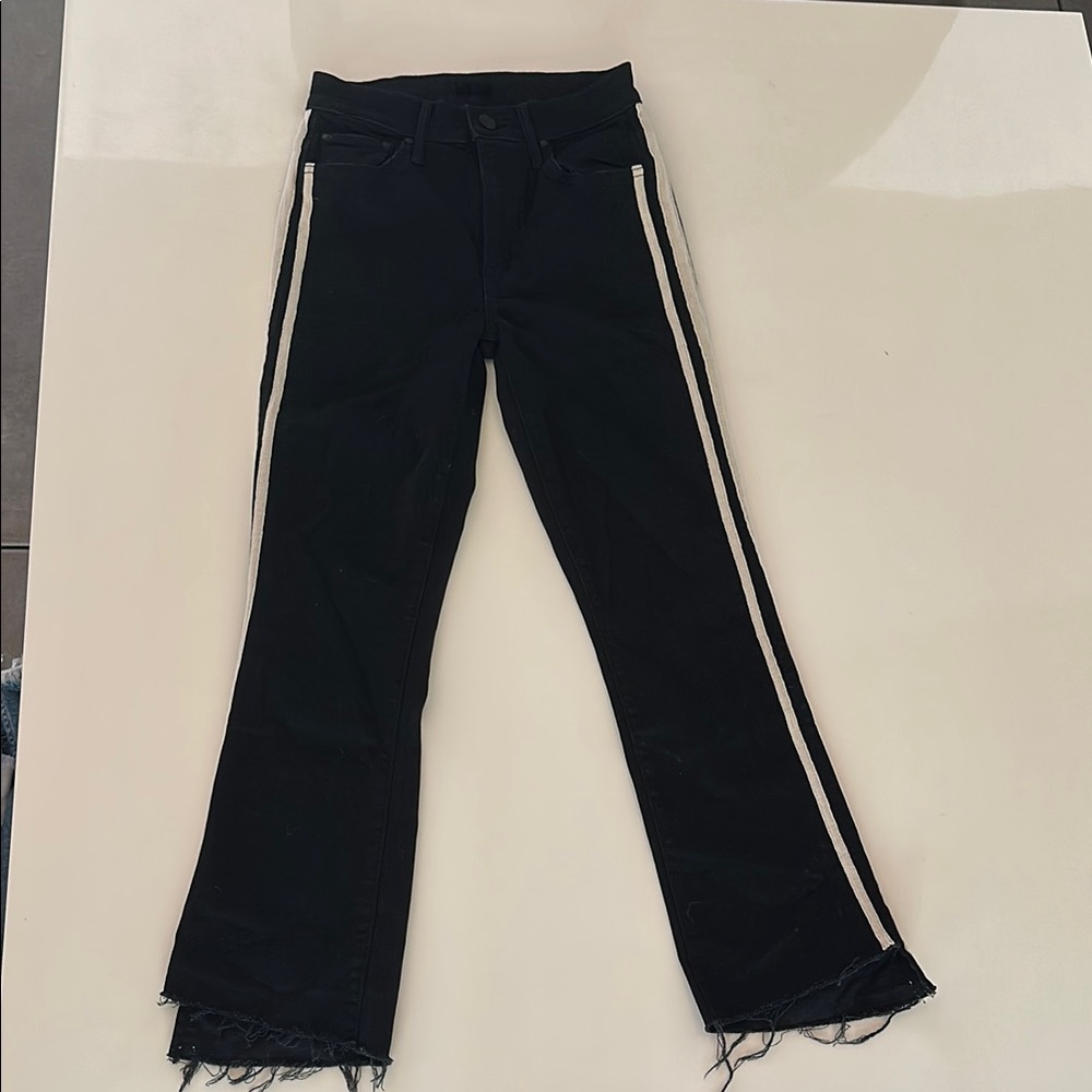 MOTHER Black and White Flare Jeans with Sporty Stripes